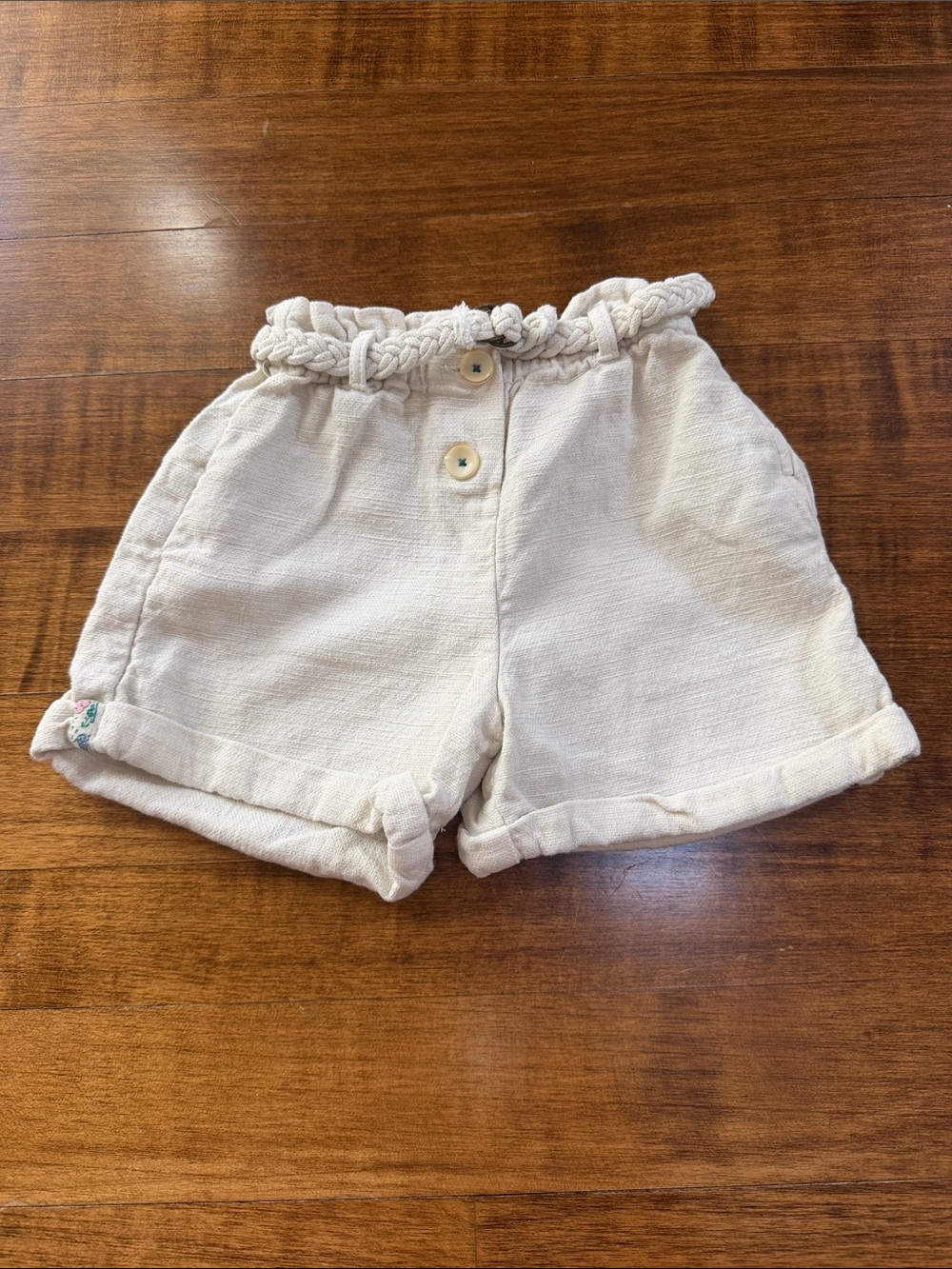 Zara Girls Cream Textured Shorts with Rope Belt